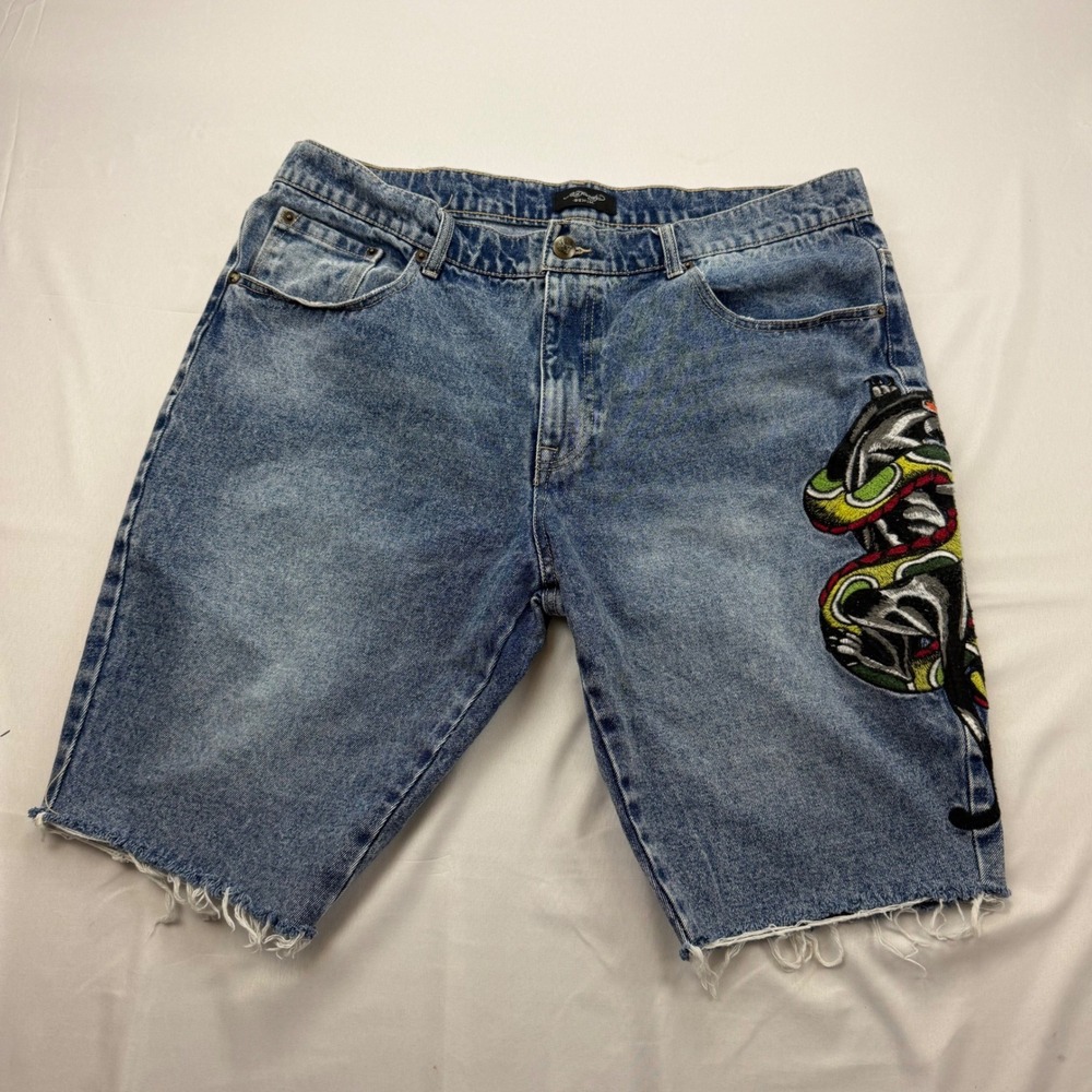 Ed Hardy Jean Shorts Mens 38 Blue Embroidered Dragon Logo Raw Hem MEHD8003-2